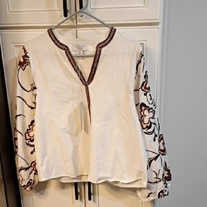 New! Calypso St. Barth Embroidered Long Sleeve Linen Blend Top Medium